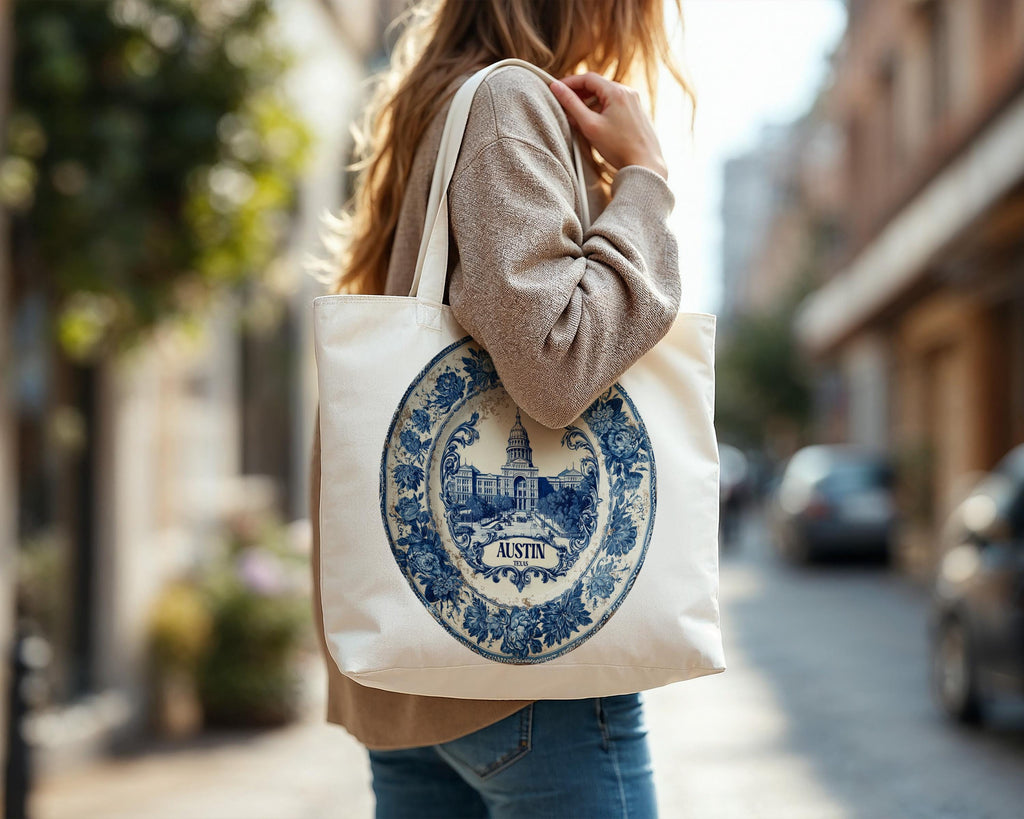 Austin Texas Tote Bag, Delft Style Personalized Destination, City Wedding Gift Souvenir Cotton