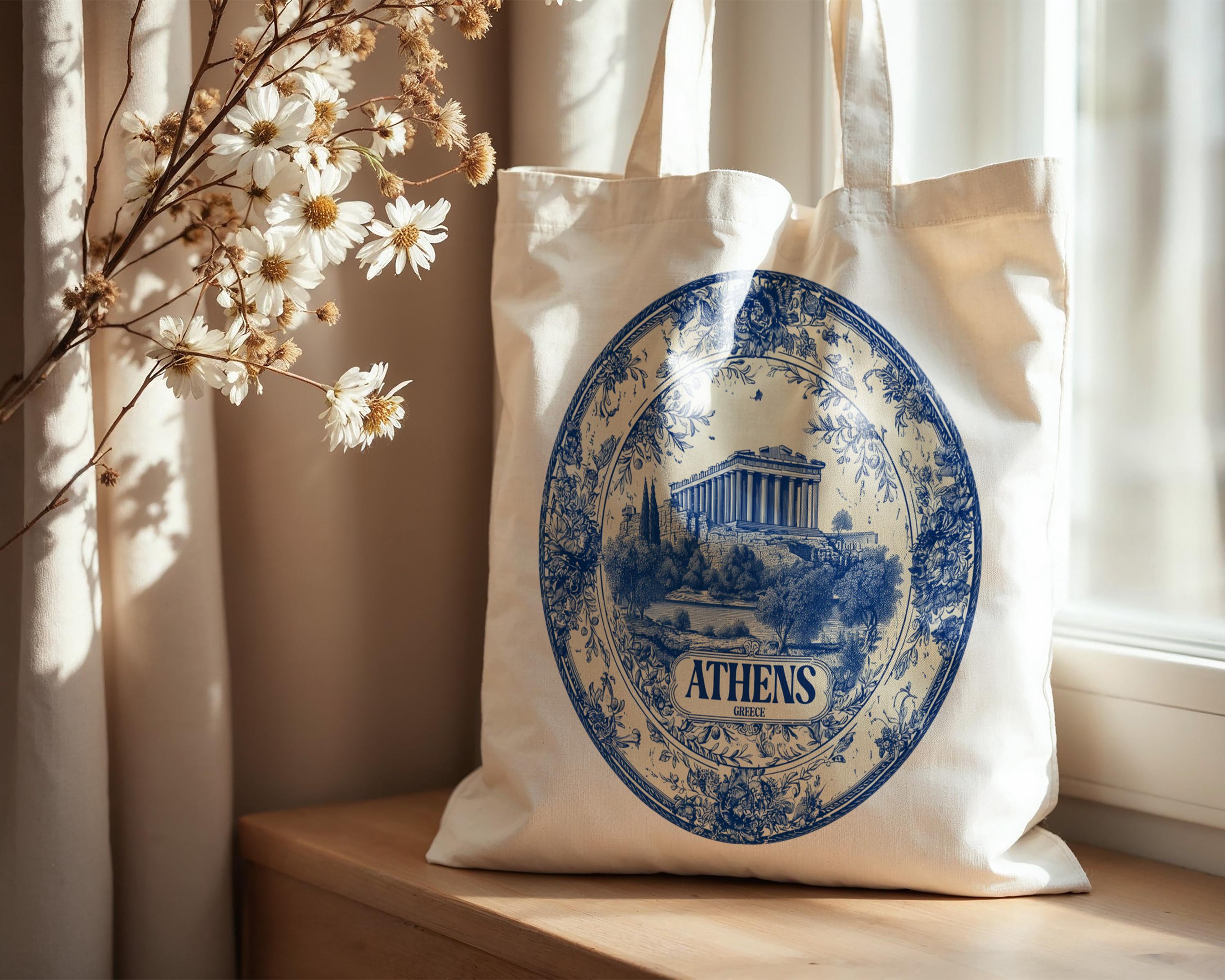 Athens Greece Tote Bag, Delft Style Personalized Destination, City Wedding Gift Souvenir Cotton