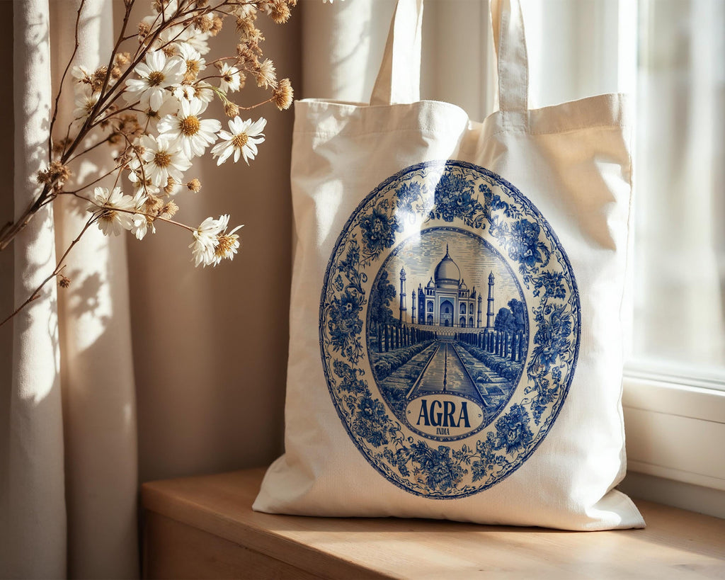 Agra India Tote Bag, Delft Style Personalized Destination, City Wedding Gift Souvenir Cotton
