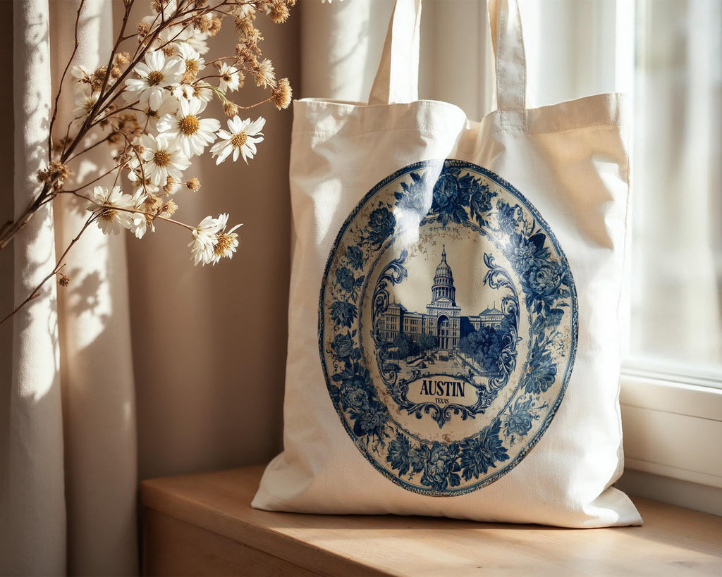Austin Texas Tote Bag, Delft Style Personalized Destination, City Wedding Gift Souvenir Cotton