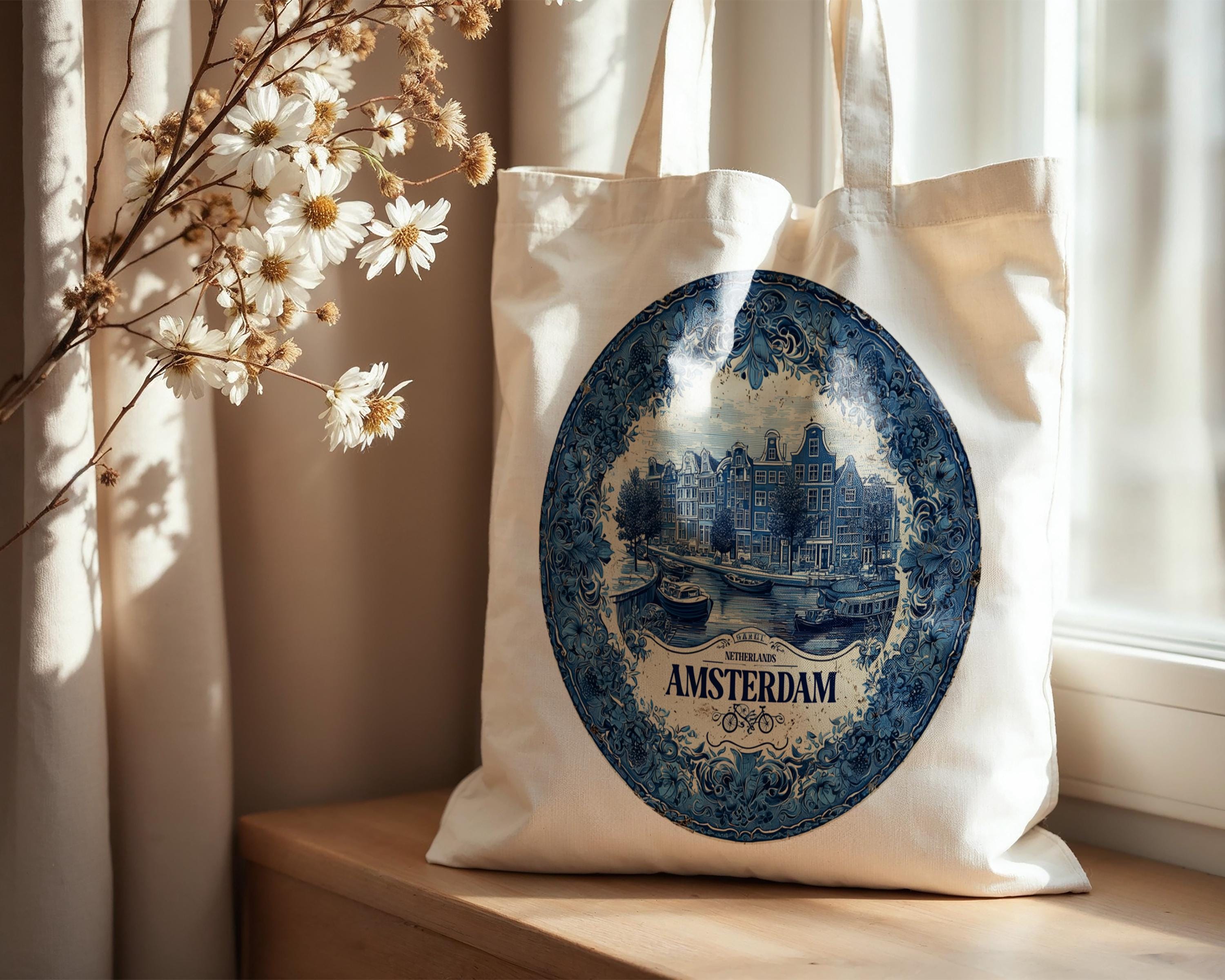 Amsterdam Netherlands Tote Bag, Delft Style Personalized Destination, City Wedding Gift Souvenir Cotton