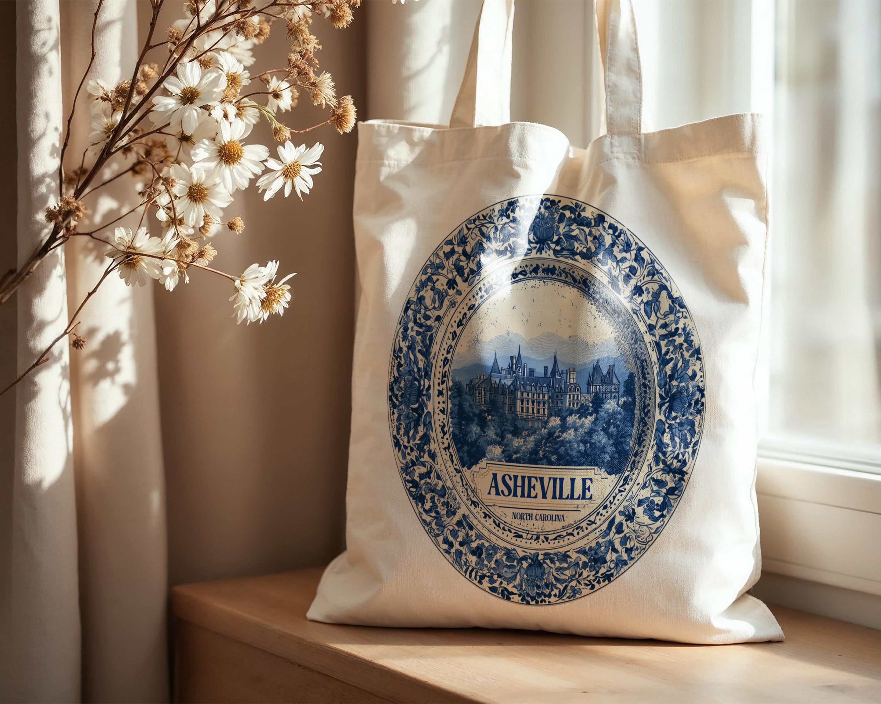 Asheville North Carolina Tote Bag, Delft Style Personalized Destination, City Wedding Gift Souvenir Cotton