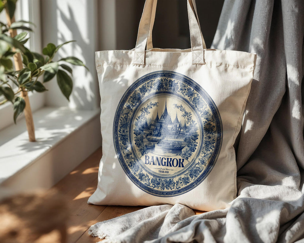 Bangkok Thailand Tote Bag, Delft Style Personalized Destination, City Wedding Gift Souvenir Cotton