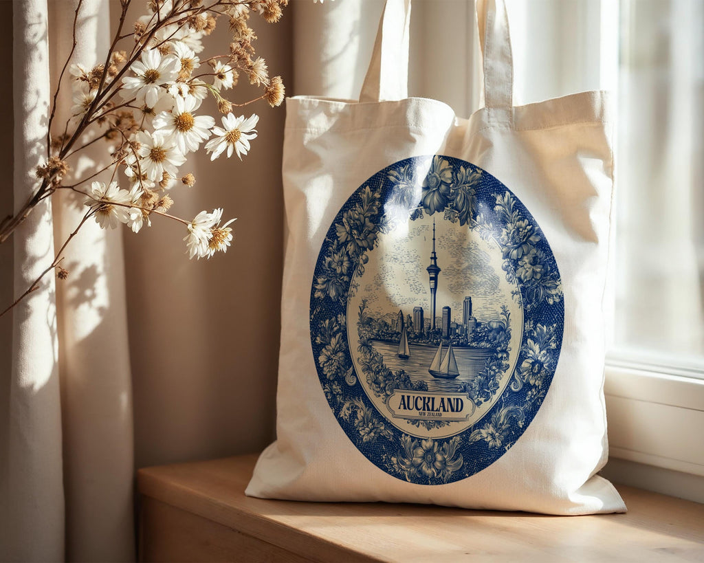 auckland New Zealand Tote Bag, Delft Style Personalized Destination, City Wedding Gift Souvenir Cotton
