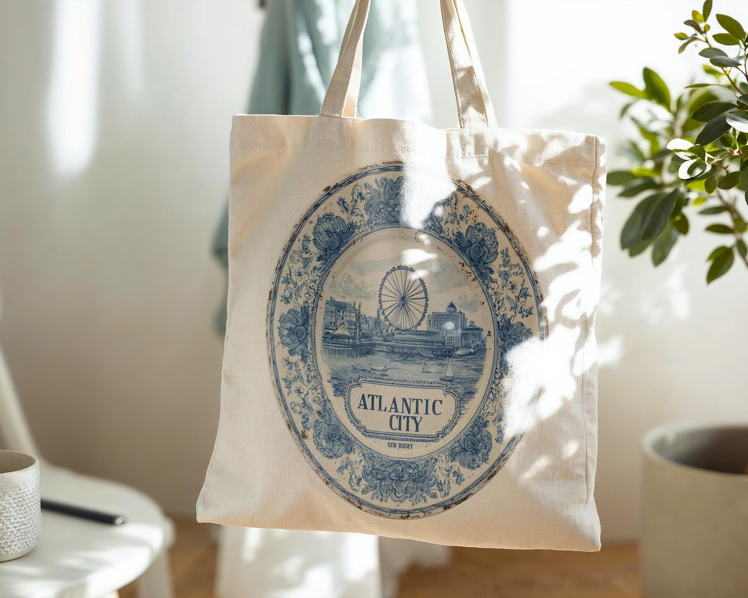 Atlantic City New Jersey Tote Bag, Delft Style Personalized Destination, City Wedding Gift Souvenir Cotton