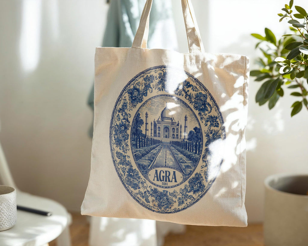 Agra India Tote Bag, Delft Style Personalized Destination, City Wedding Gift Souvenir Cotton