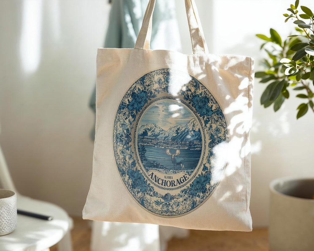 Anchorage Alaska Tote Bag, Delft Style Personalized Destination, City Wedding Gift Souvenir Cotton