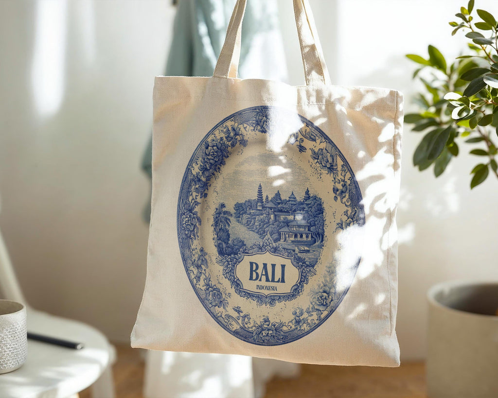 Bali Indonesia Tote Bag, Delft Style Personalized Destination, City Wedding Gift Souvenir Cotton