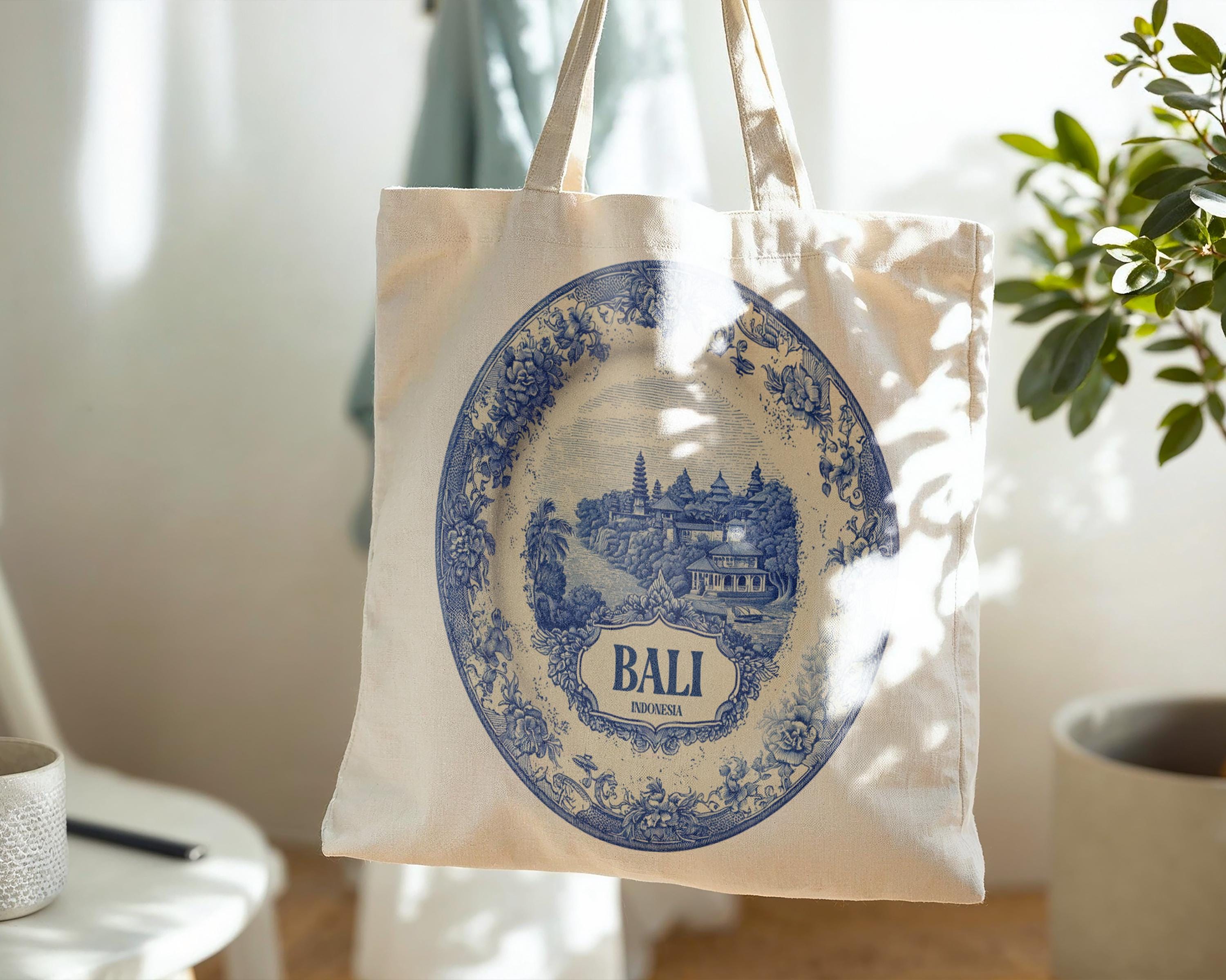 Bali Indonesia Tote Bag, Delft Style Personalized Destination, City Wedding Gift Souvenir Cotton