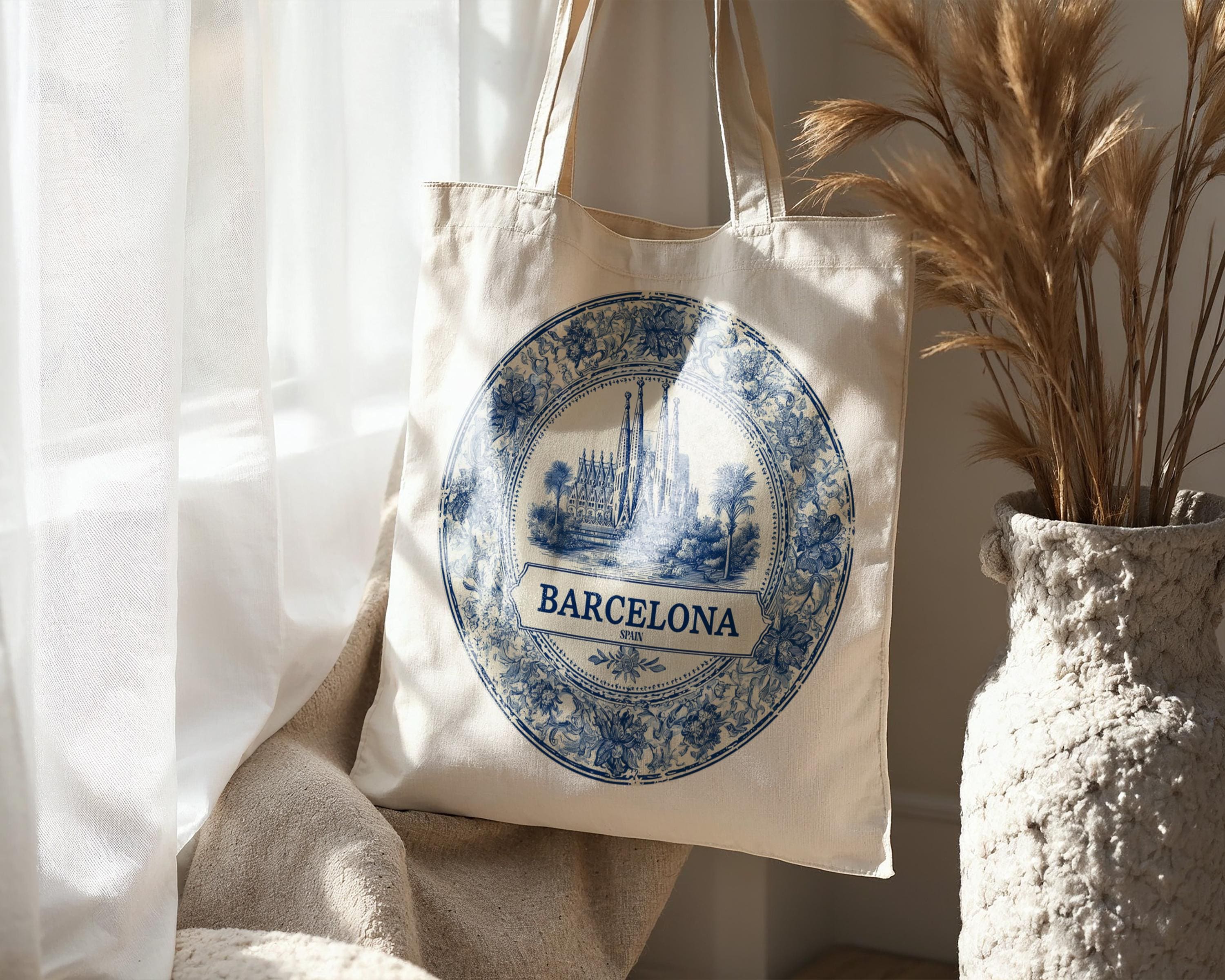 Barcelona Spain Tote Bag, Delft Style Personalized Destination, City Wedding Gift Souvenir Cotton