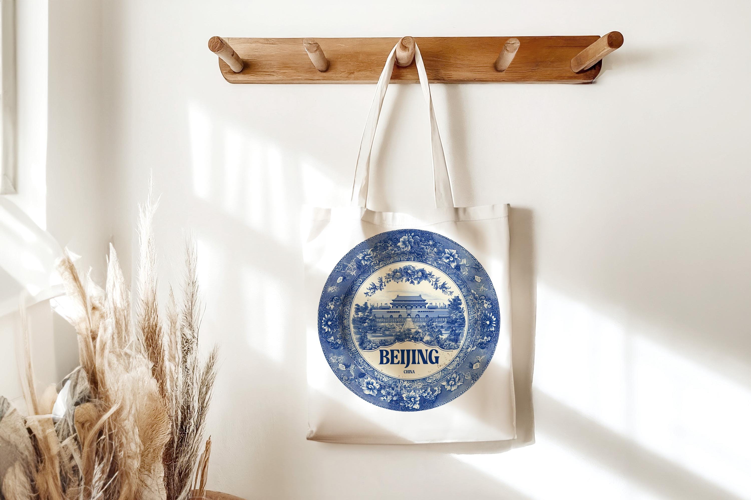 Beijing China Tote Bag, Delft Style Personalized Destination, City Wedding Gift Souvenir Cotton