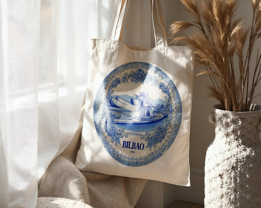 Bilbao Spain Tote Bag, Delft Style Personalized Destination, City Wedding Gift Souvenir Cotton