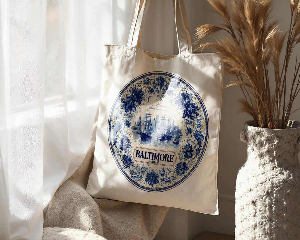 Baltimore Maryland Tote Bag, Delft Style Personalized Destination, City Wedding Gift Souvenir Cotton