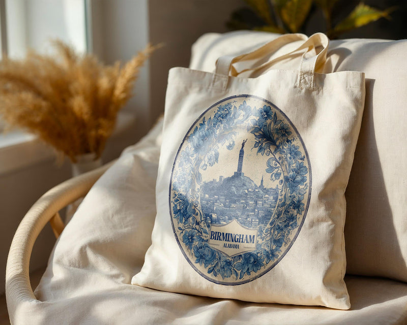 Birmingham Alabama Tote Bag, Delft Style Personalized Destination, City Wedding Gift Souvenir Cotton