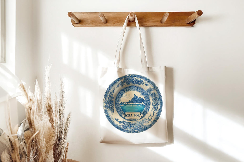 Bora Bora French Polynesia Tote Bag, Delft Style Personalized Destination, City Wedding Gift Souvenir Cotton