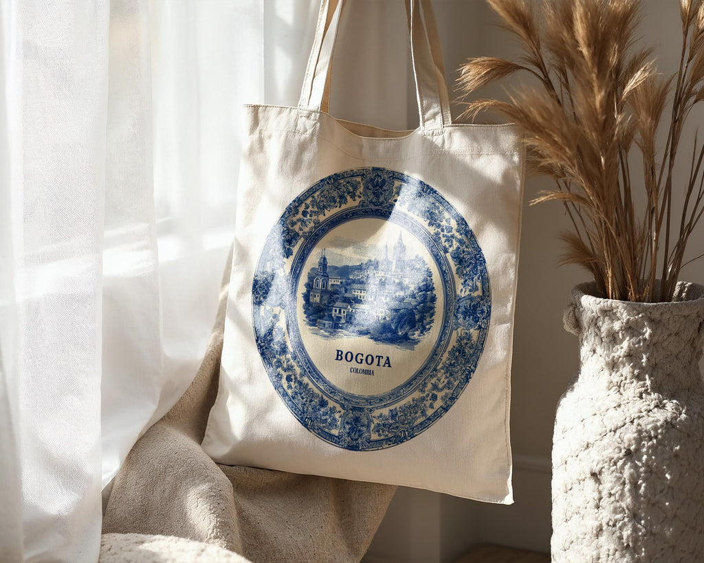 Bogota Colombia Tote Bag, Delft Style Personalized Destination, City Wedding Gift Souvenir Cotton