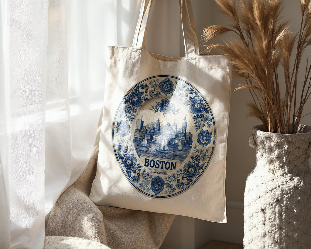 Boston Massachusetts Tote Bag, Delft Style Personalized Destination, City Wedding Gift Souvenir Cotton
