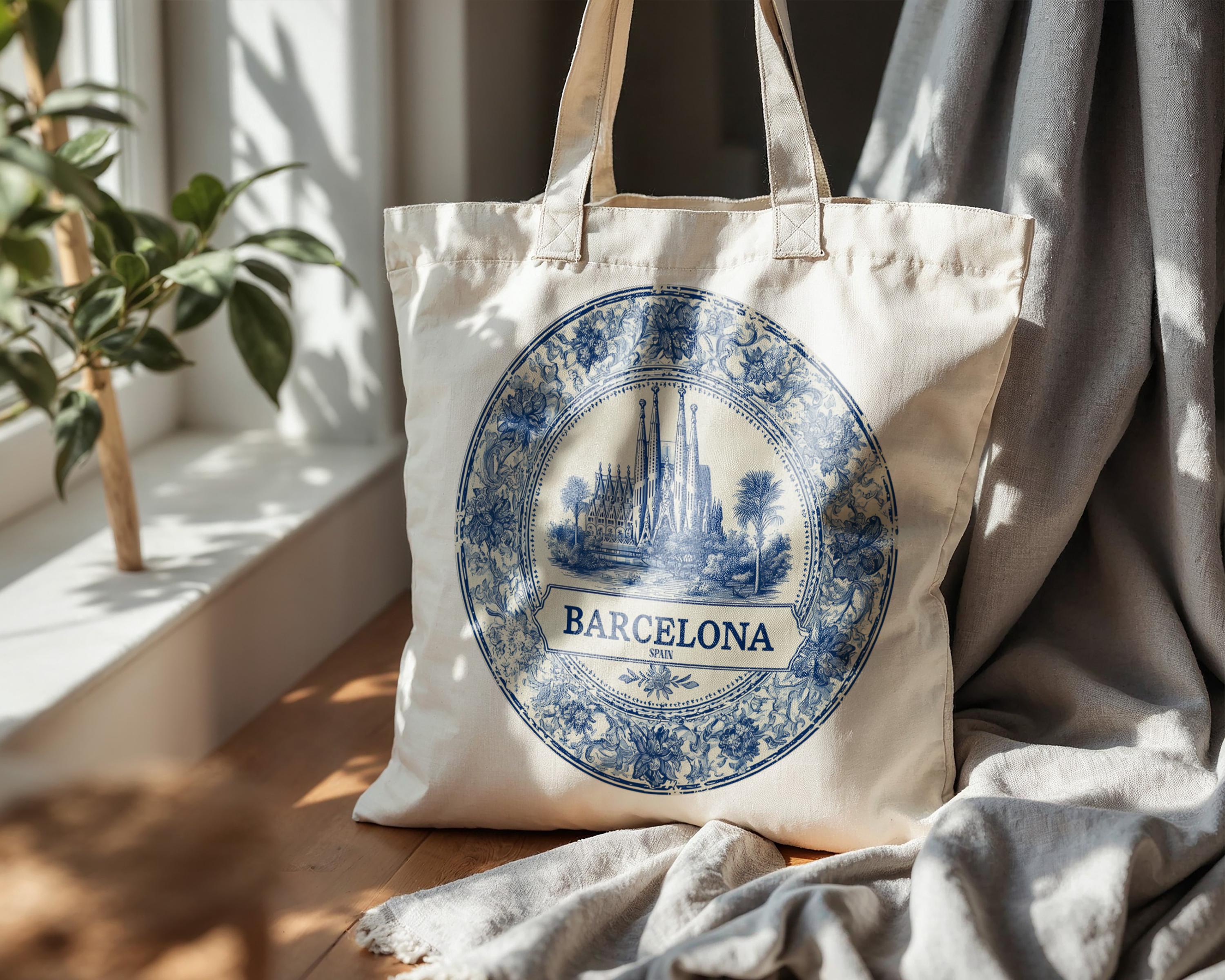 Barcelona Spain Tote Bag, Delft Style Personalized Destination, City Wedding Gift Souvenir Cotton