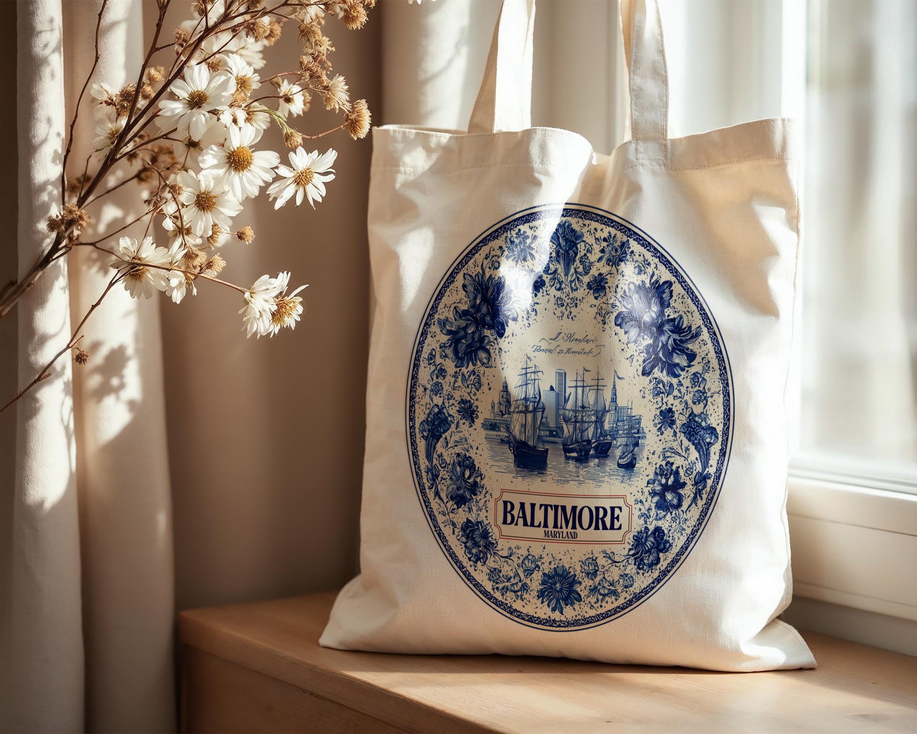 Baltimore Maryland Tote Bag, Delft Style Personalized Destination, City Wedding Gift Souvenir Cotton