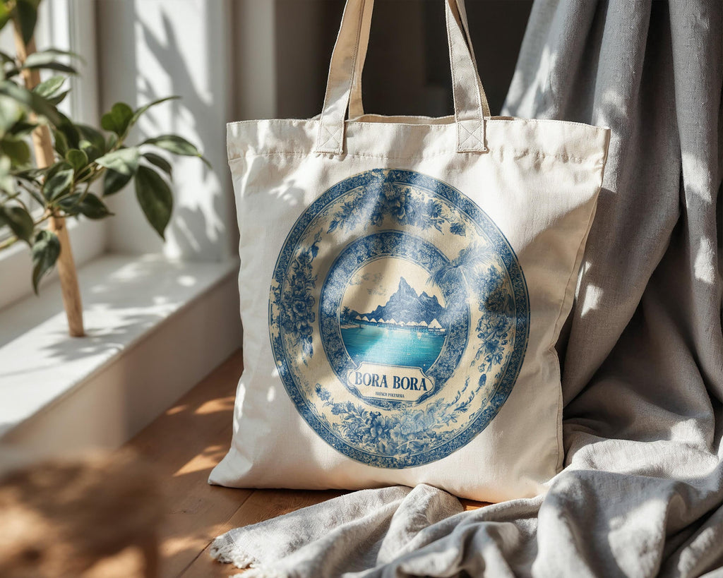 Bora Bora French Polynesia Tote Bag, Delft Style Personalized Destination, City Wedding Gift Souvenir Cotton
