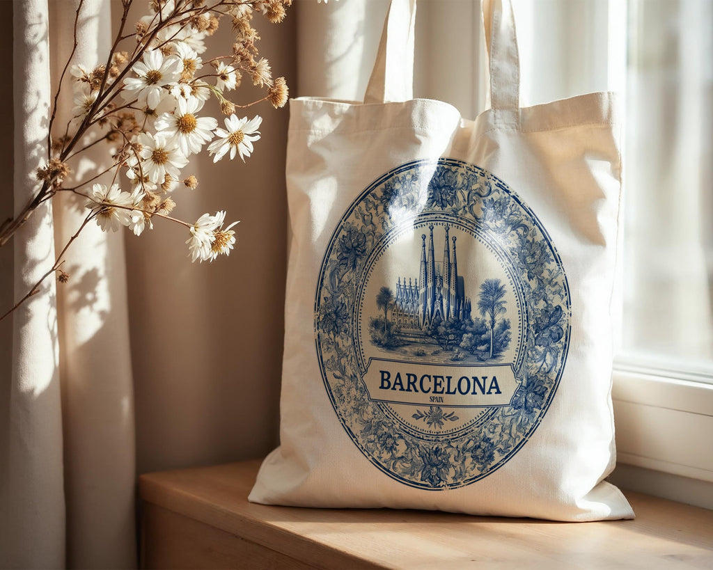 Barcelona Spain Tote Bag, Delft Style Personalized Destination, City Wedding Gift Souvenir Cotton