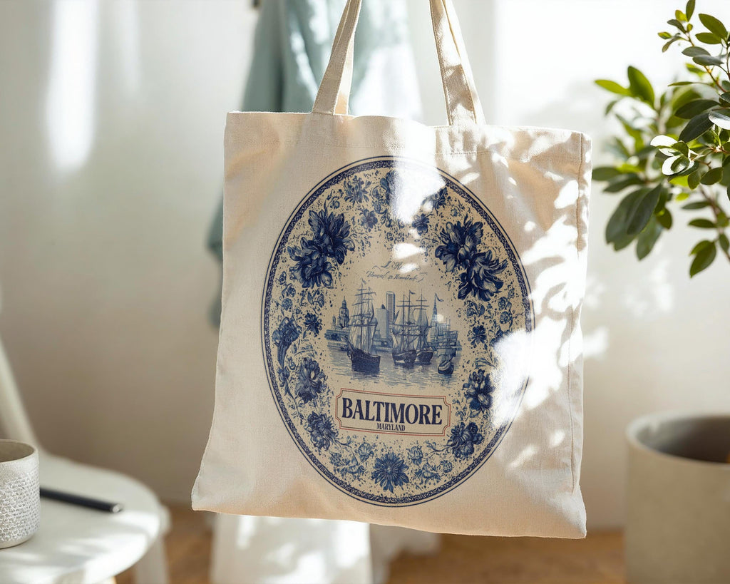 Baltimore Maryland Tote Bag, Delft Style Personalized Destination, City Wedding Gift Souvenir Cotton