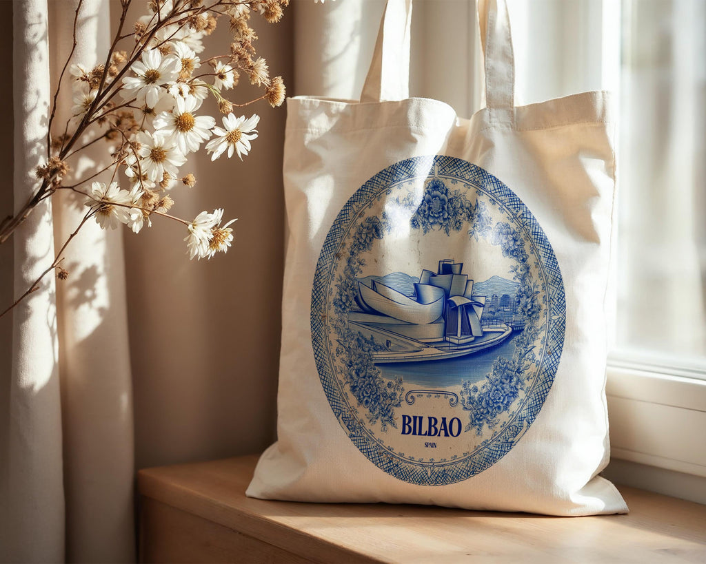 Bilbao Spain Tote Bag, Delft Style Personalized Destination, City Wedding Gift Souvenir Cotton