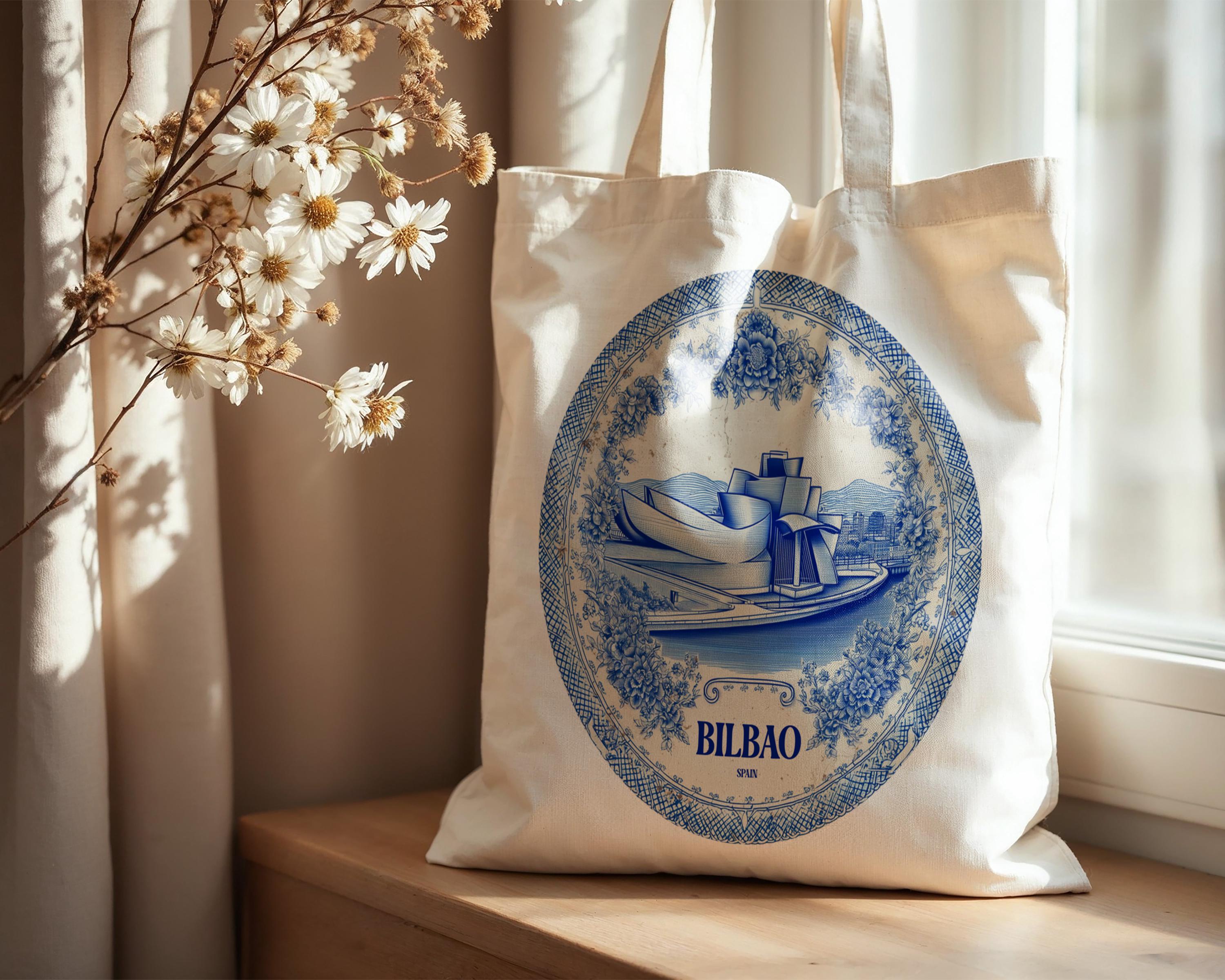 Bilbao Spain Tote Bag, Delft Style Personalized Destination, City Wedding Gift Souvenir Cotton