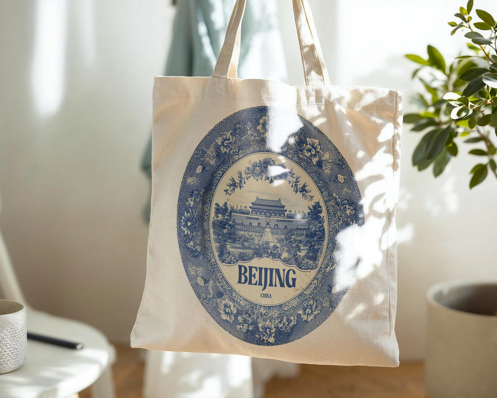 Beijing China Tote Bag, Delft Style Personalized Destination, City Wedding Gift Souvenir Cotton