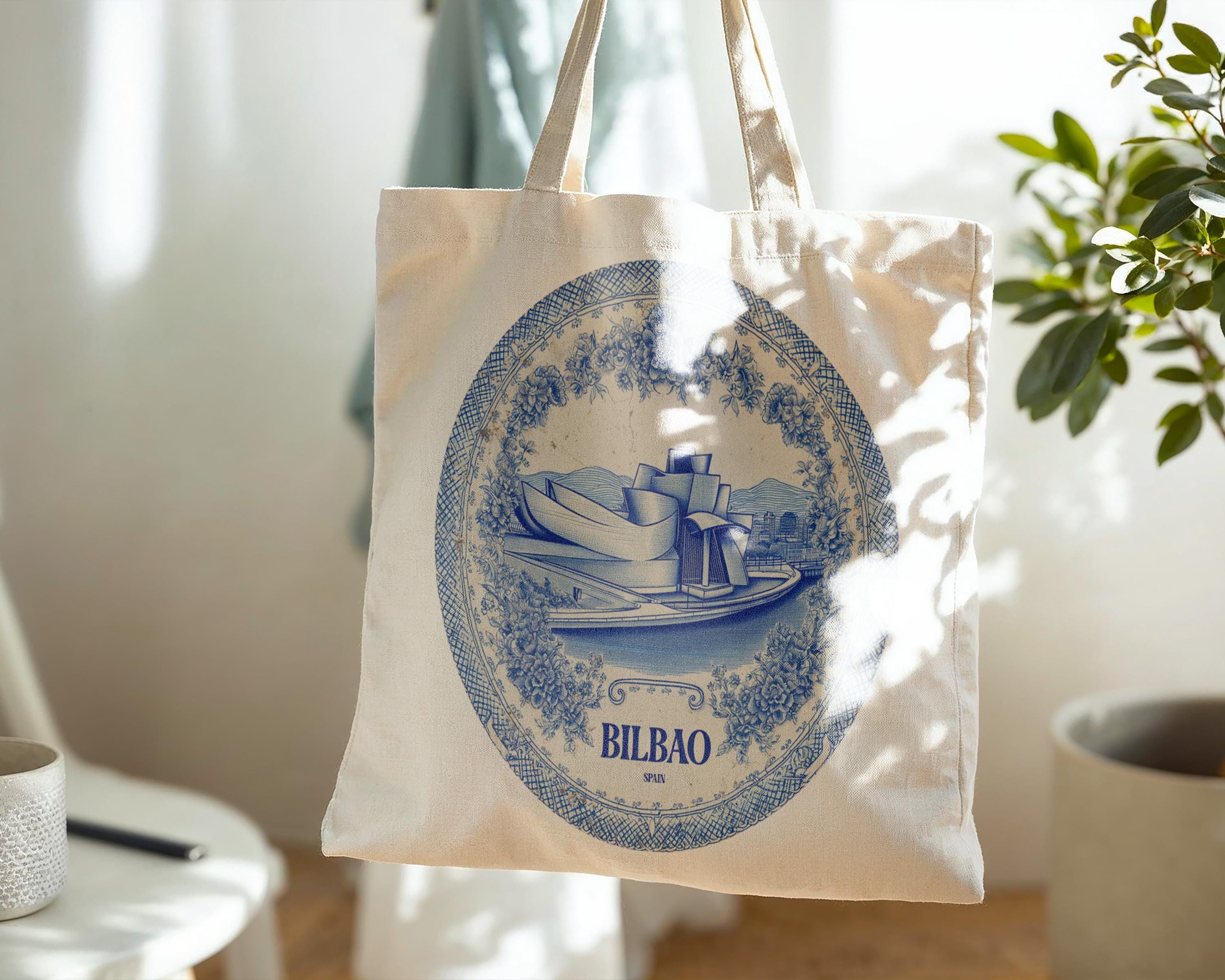 Bilbao Spain Tote Bag, Delft Style Personalized Destination, City Wedding Gift Souvenir Cotton