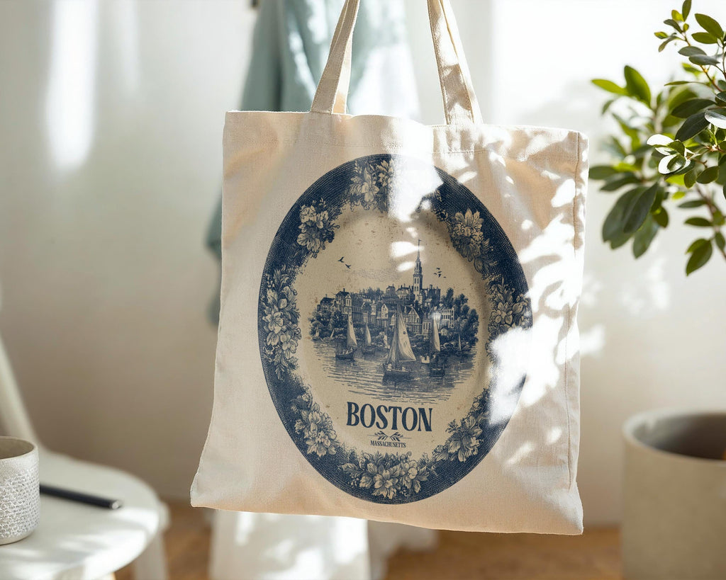 Boston Massachusetts2 Tote Bag, Delft Style Personalized Destination, City Wedding Gift Souvenir Cotton