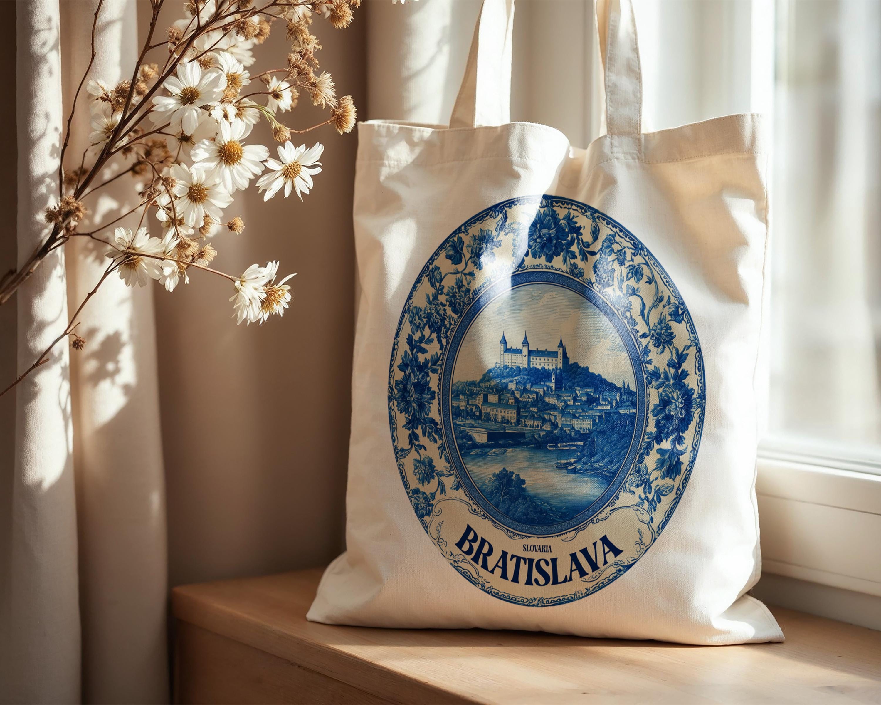 Bratislava Slovakia Tote Bag, Delft Style Personalized Destination, City Wedding Gift Souvenir Cotton