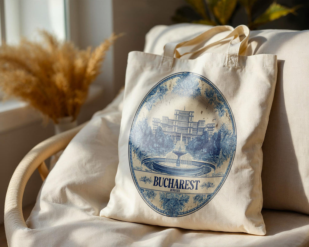Bucharest Romania Tote Bag, Delft Style Personalized Destination, City Wedding Gift Souvenir Cotton