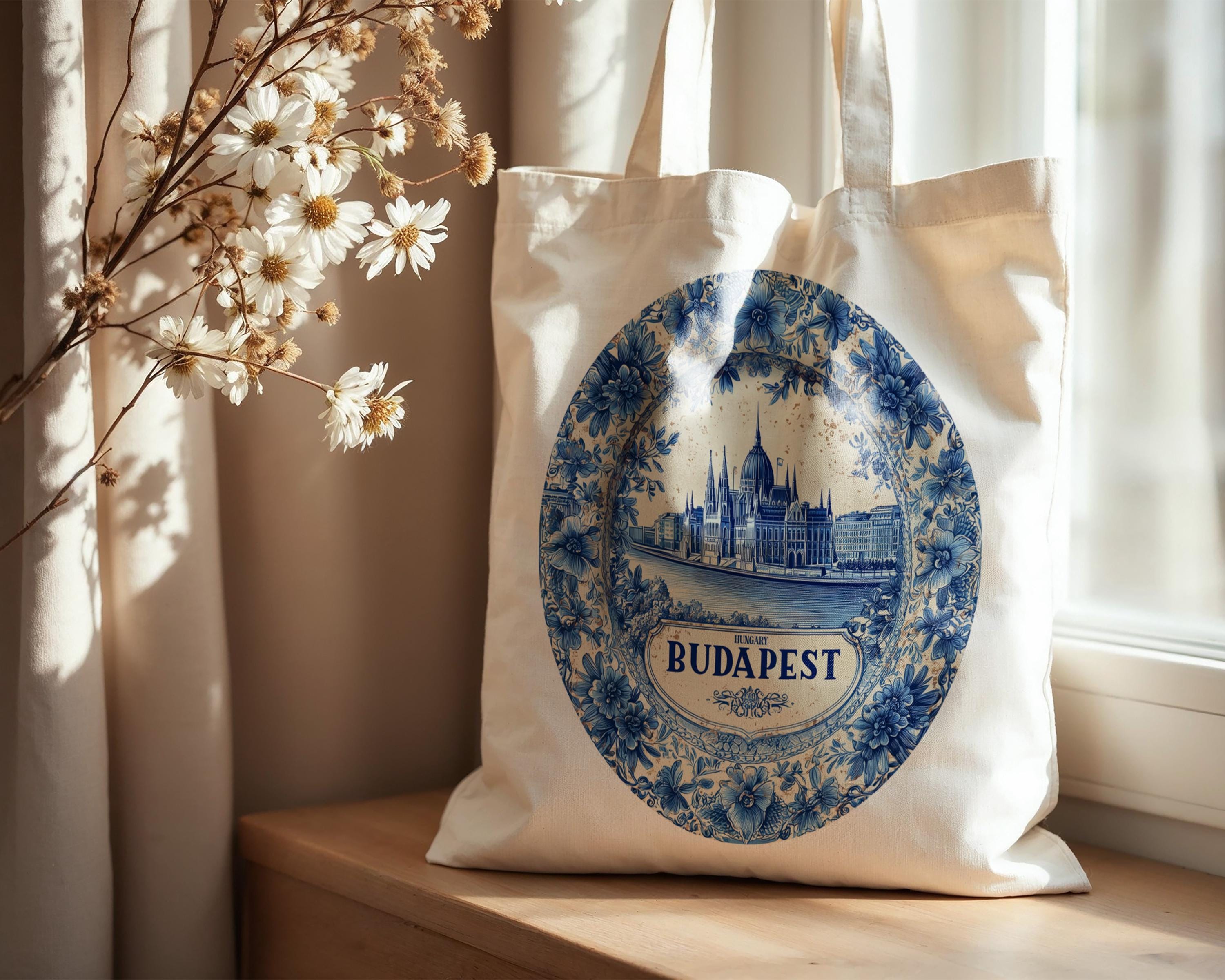 Budapest Hungary Tote Bag, Delft Style Personalized Destination, City Wedding Gift Souvenir Cotton