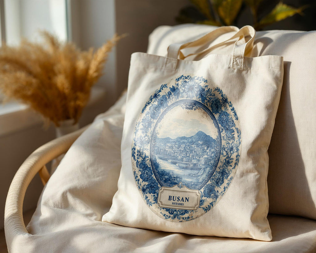 Busan South Korea Tote Bag, Delft Style Personalized Destination, City Wedding Gift Souvenir Cotton