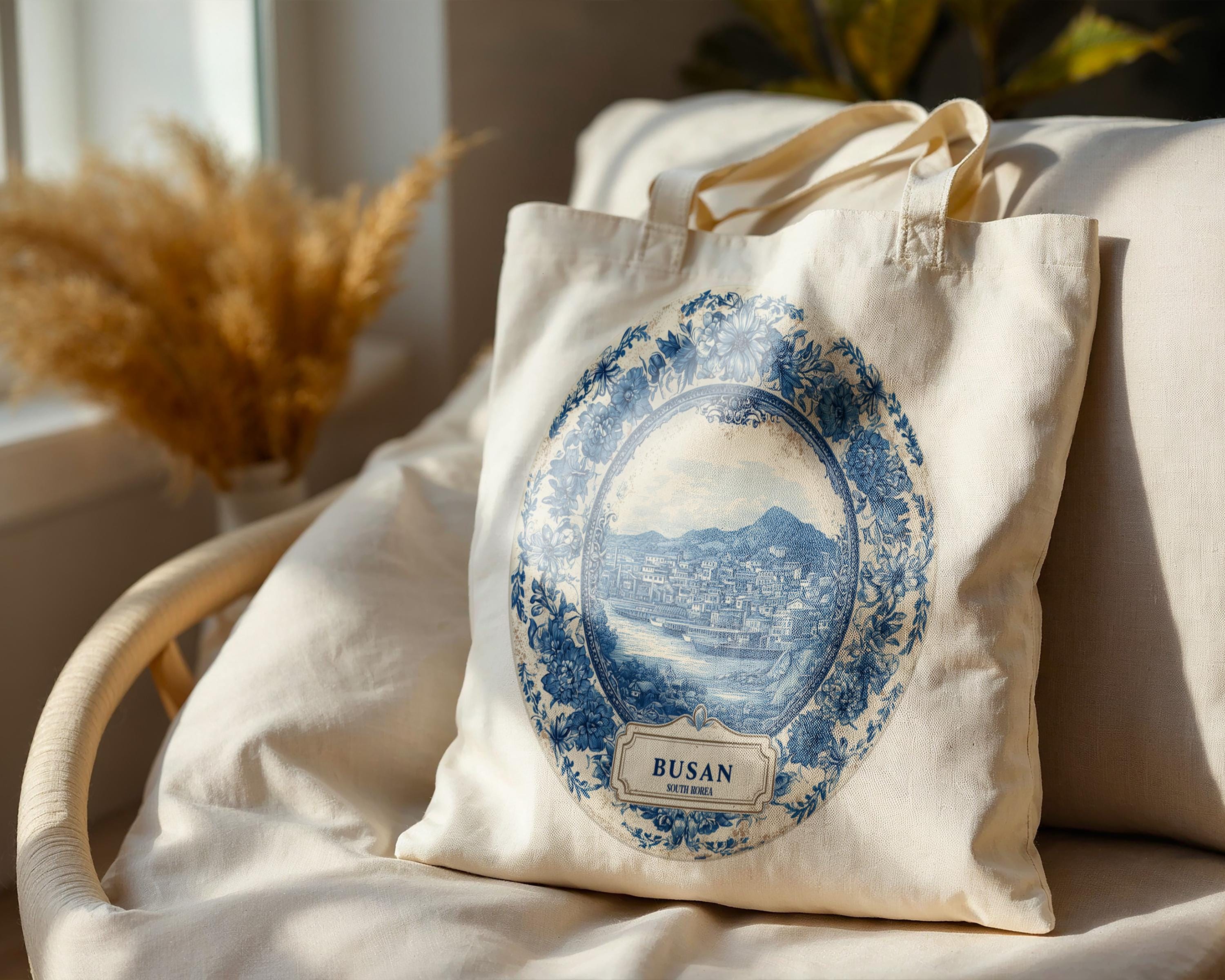 Busan South Korea Tote Bag, Delft Style Personalized Destination, City Wedding Gift Souvenir Cotton