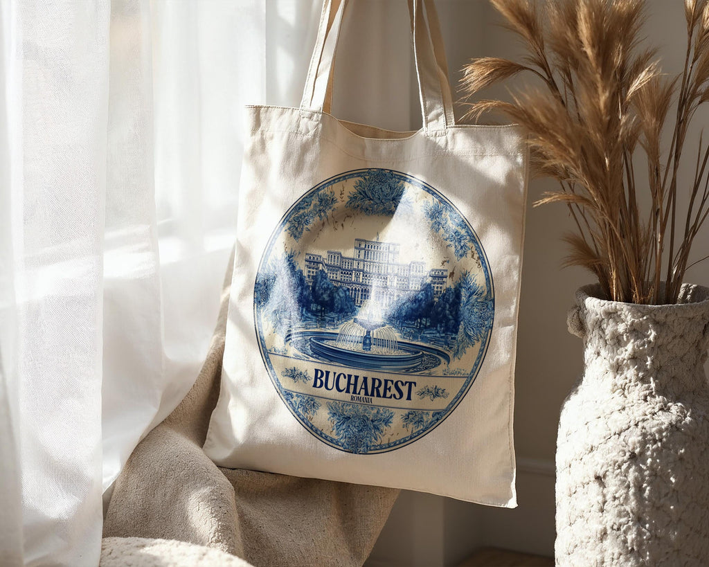 Bucharest Romania Tote Bag, Delft Style Personalized Destination, City Wedding Gift Souvenir Cotton