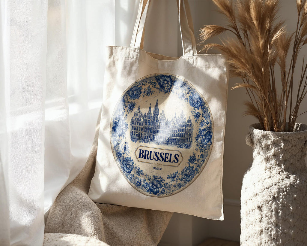 Brussels Belgium Tote Bag, Delft Style Personalized Destination, City Wedding Gift Souvenir Cotton