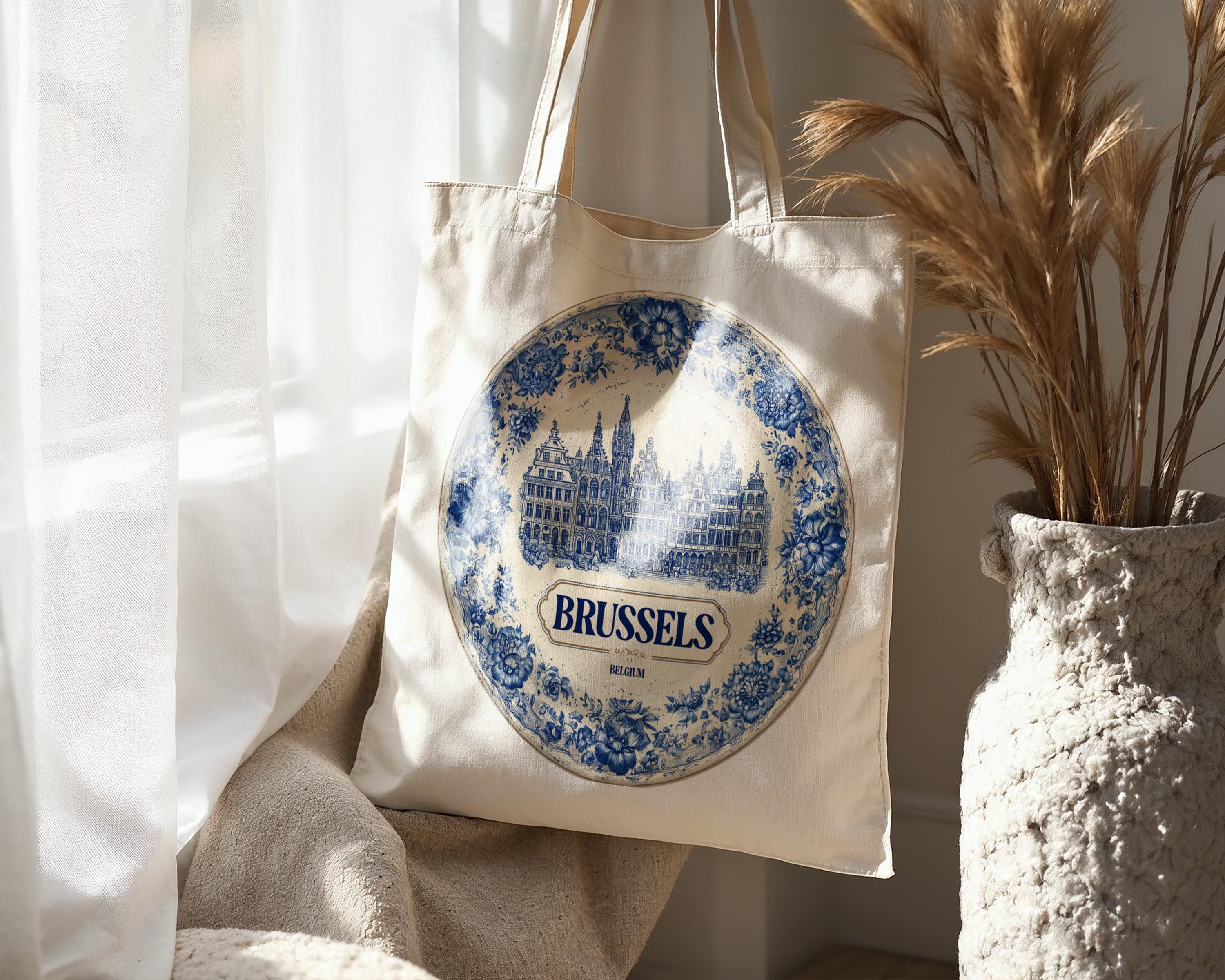 Brussels Belgium Tote Bag, Delft Style Personalized Destination, City Wedding Gift Souvenir Cotton