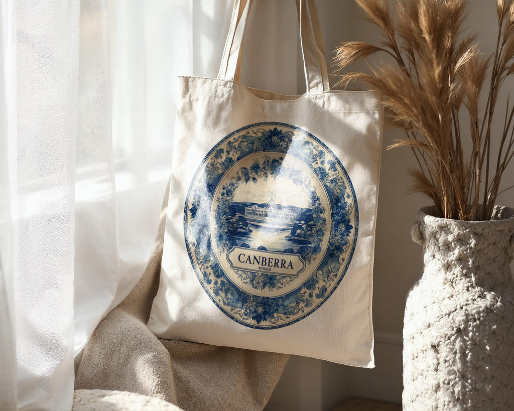 Canberra Australia Tote Bag, Delft Style Personalized Destination, City Wedding Gift Souvenir Cotton
