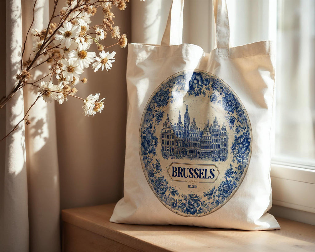 Brussels Belgium Tote Bag, Delft Style Personalized Destination, City Wedding Gift Souvenir Cotton