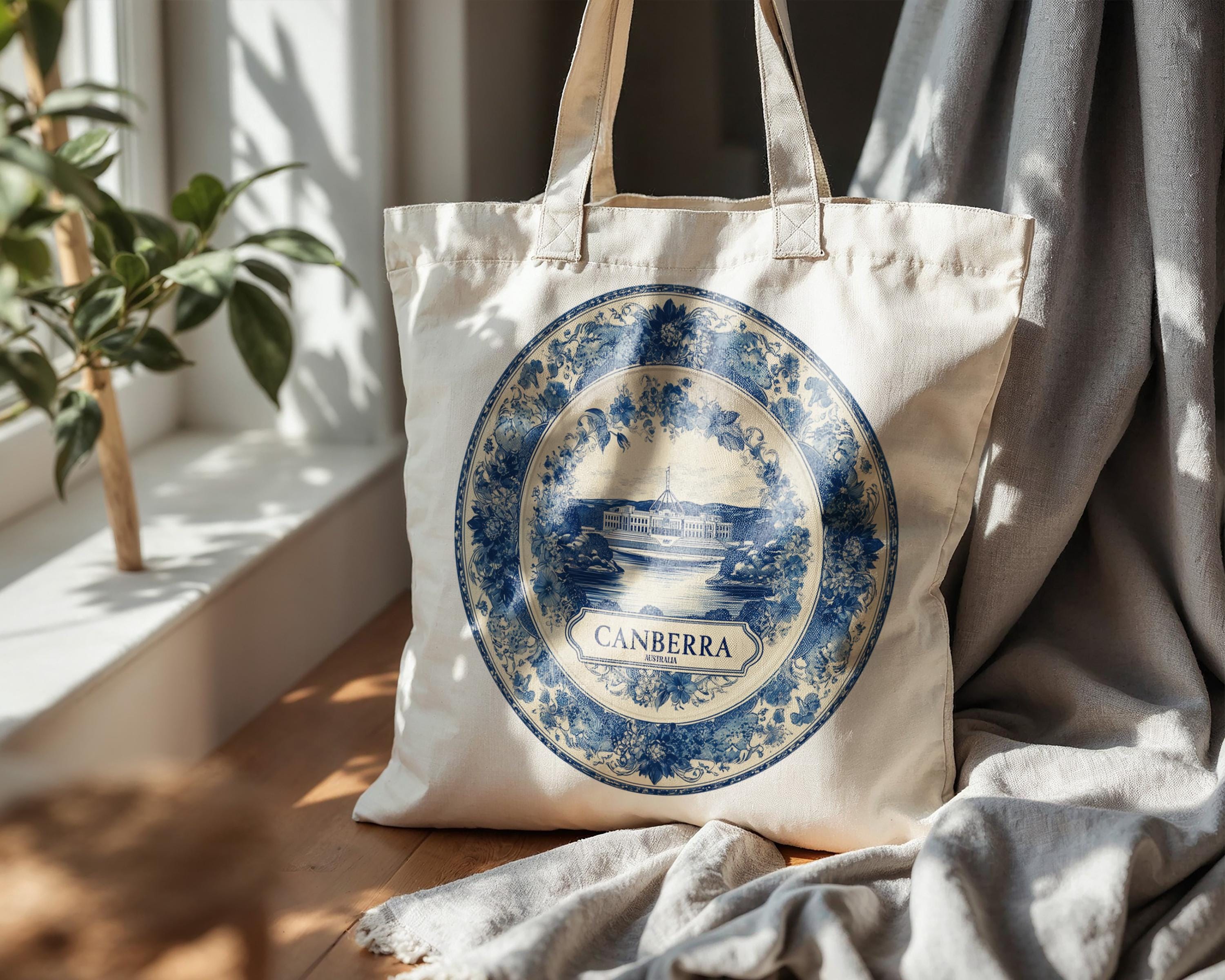 Canberra Australia Tote Bag, Delft Style Personalized Destination, City Wedding Gift Souvenir Cotton