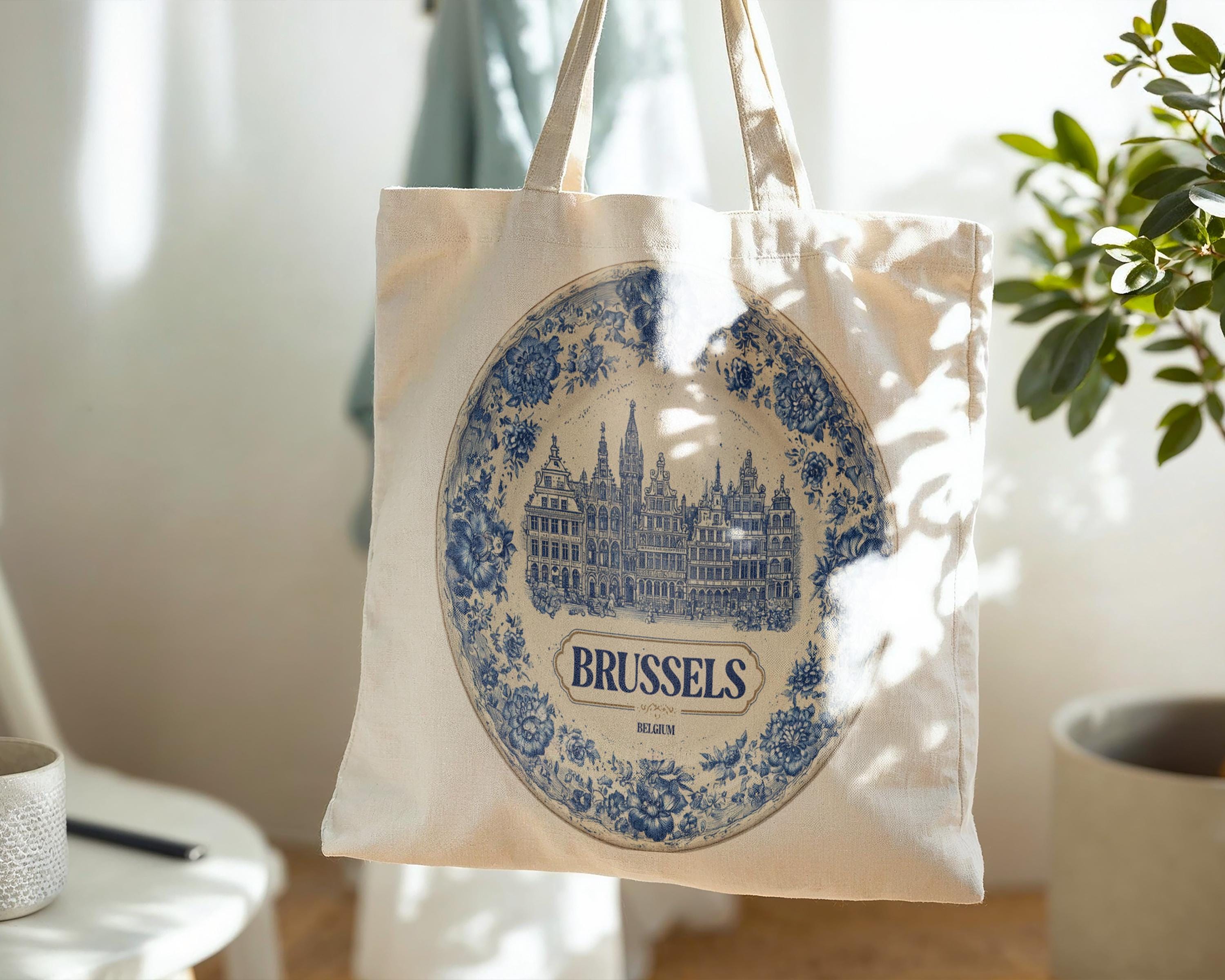 Brussels Belgium Tote Bag, Delft Style Personalized Destination, City Wedding Gift Souvenir Cotton