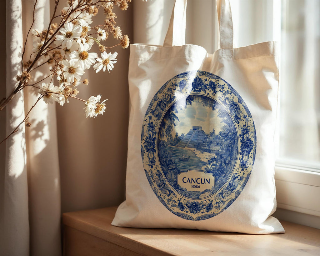 Cancun Mexico Tote Bag, Delft Style Personalized Destination, City Wedding Gift Souvenir Cotton