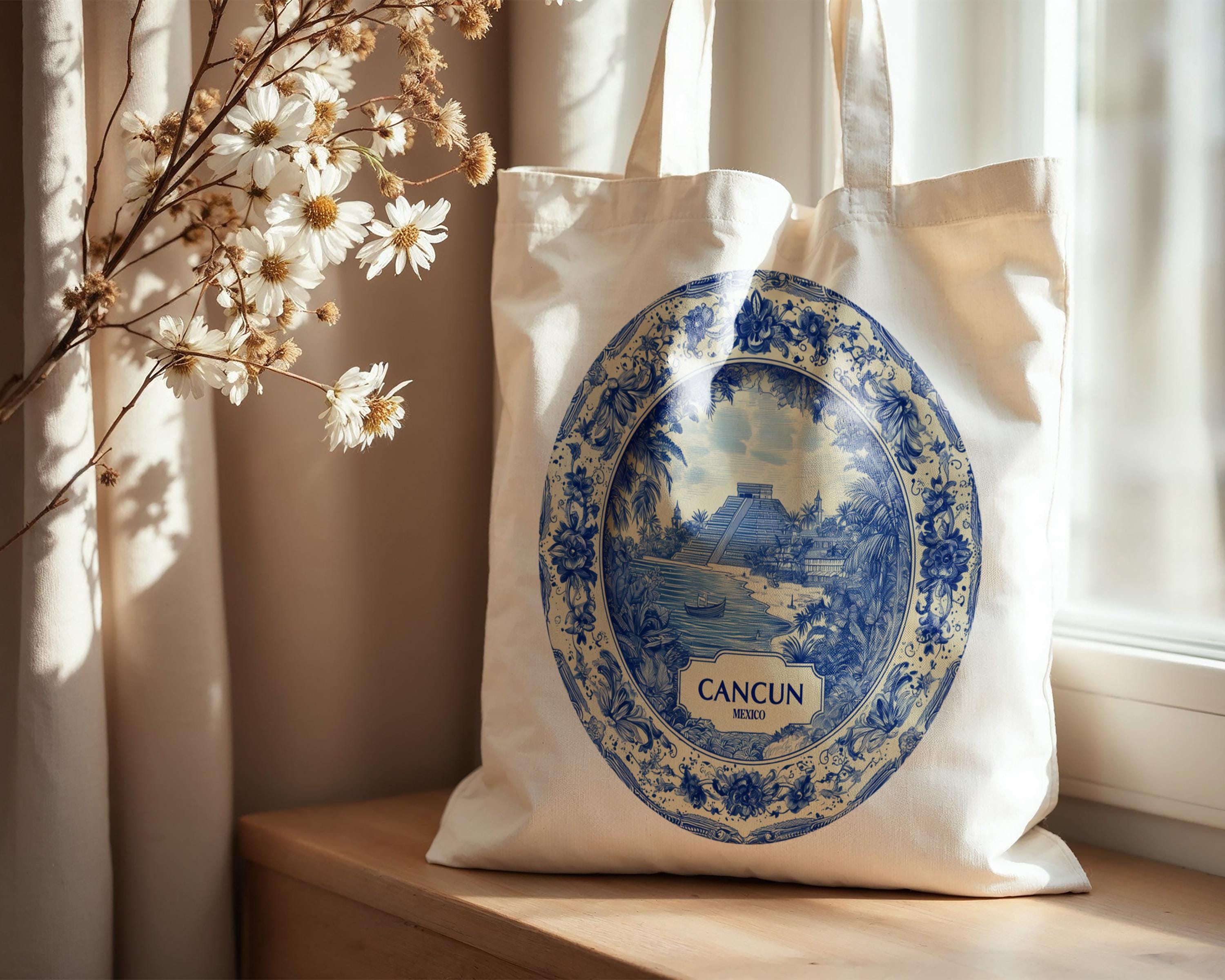Cancun Mexico Tote Bag, Delft Style Personalized Destination, City Wedding Gift Souvenir Cotton