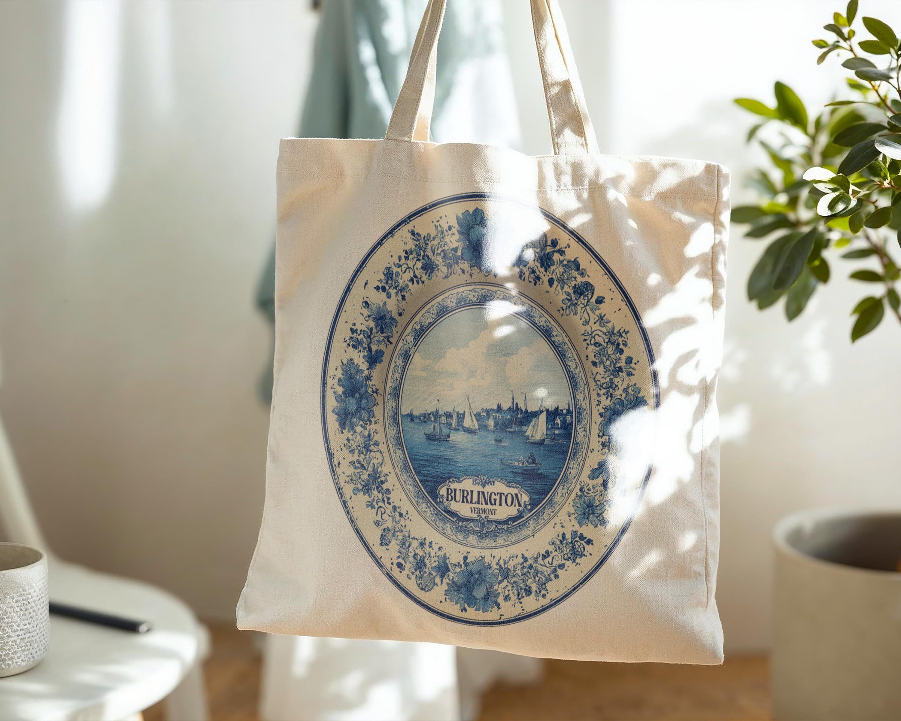 Burlington Vermont Tote Bag, Delft Style Personalized Destination, City Wedding Gift Souvenir Cotton