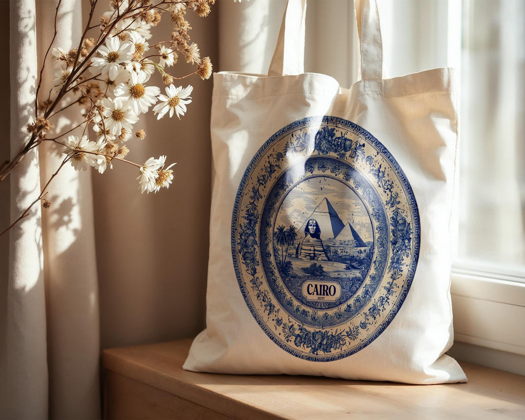 Cairo Egypt Tote Bag, Delft Style Personalized Destination, City Wedding Gift Souvenir Cotton