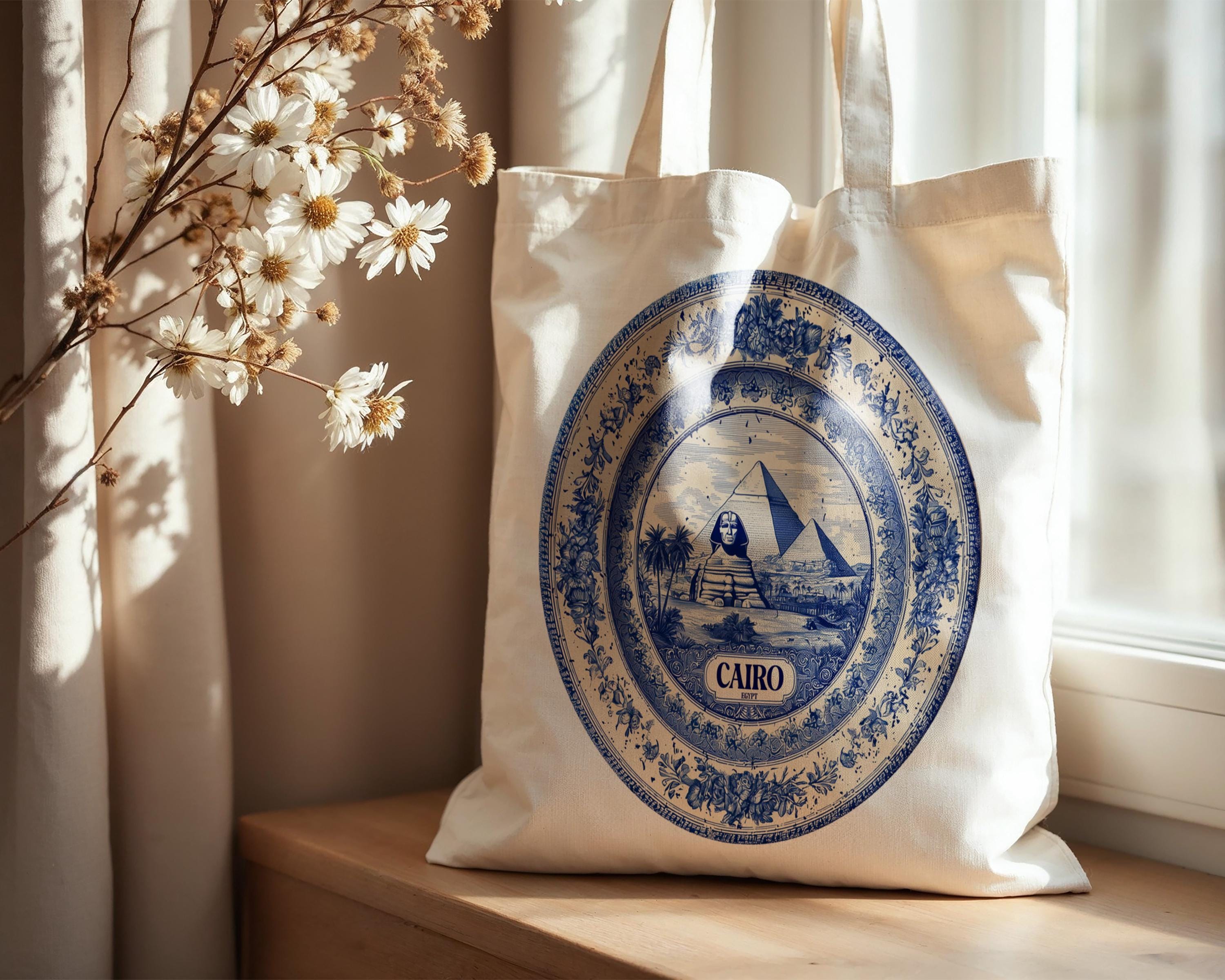 Cairo Egypt Tote Bag, Delft Style Personalized Destination, City Wedding Gift Souvenir Cotton