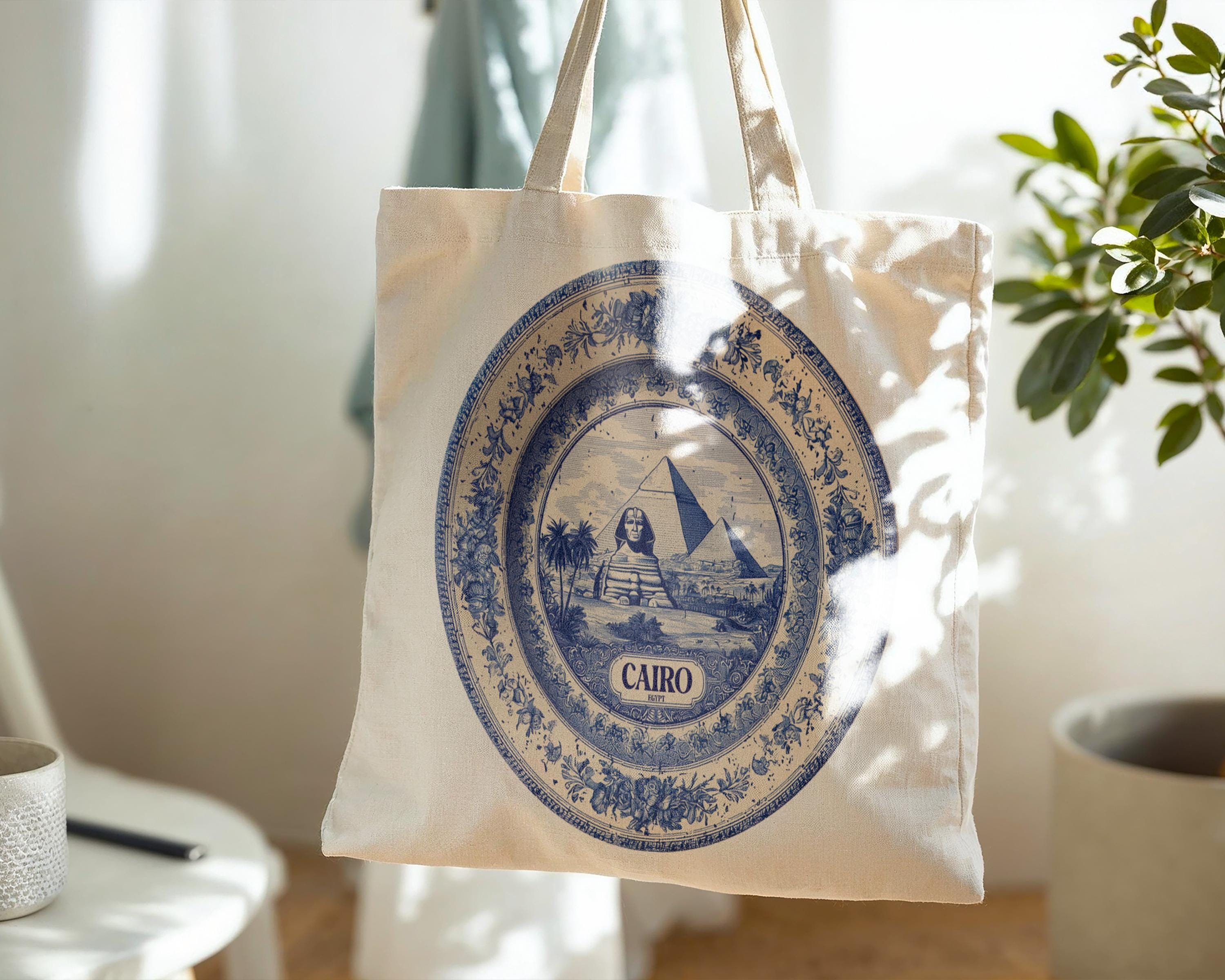 Cairo Egypt Tote Bag, Delft Style Personalized Destination, City Wedding Gift Souvenir Cotton