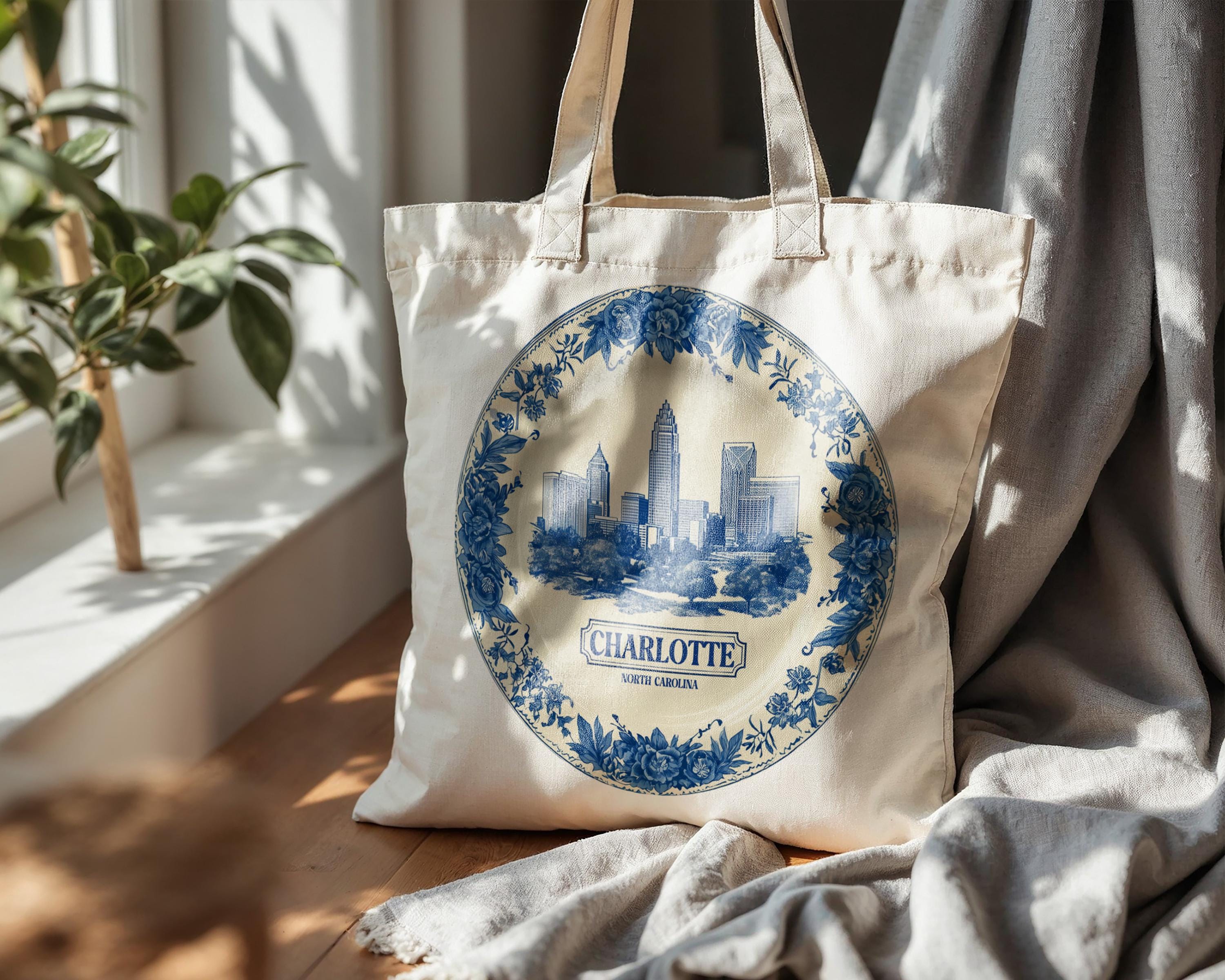 Charlotte North Carolina Tote Bag, Delft Style Personalized Destination, City Wedding Gift Souvenir Cotton